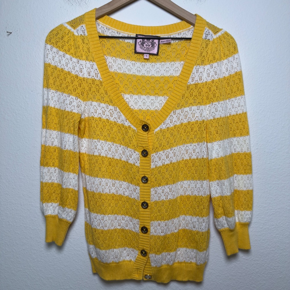 VTG y2k Juicy Couture Women Cotton Silk Cashmere Sweater Yellow Stripe Pointelle
